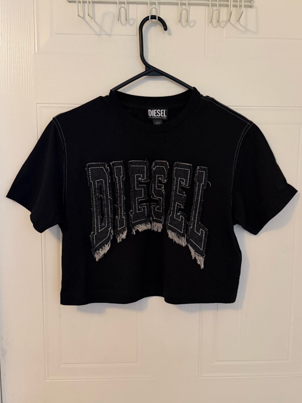 Diesel Black T-Shirt with White Frayed Stitching Detail